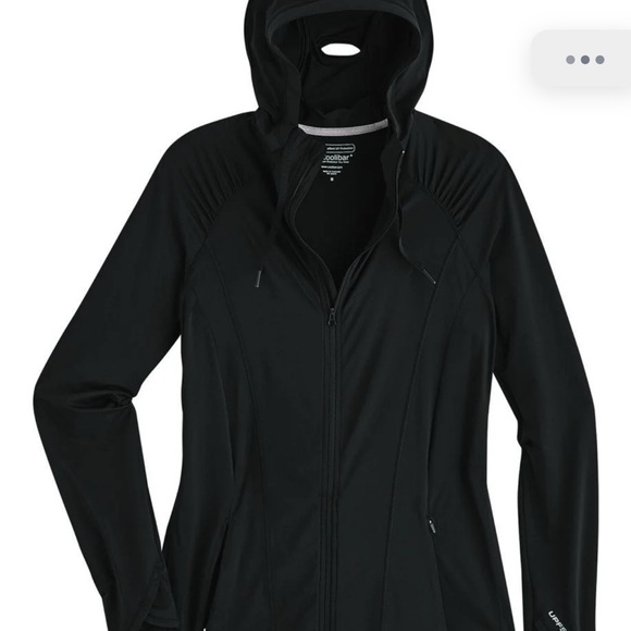 Woman’s Coolibar UPF50 Astir Full Zip Jacked Black/ Blue Camo Thumbholes Hoody - Picture 5 of 6